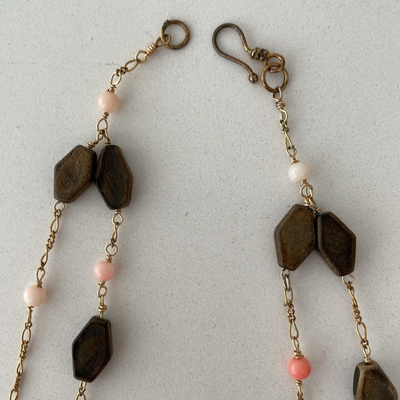 Double Strand Peach Coral & Wood Bead Chain Necklace - Picture 6 of 7